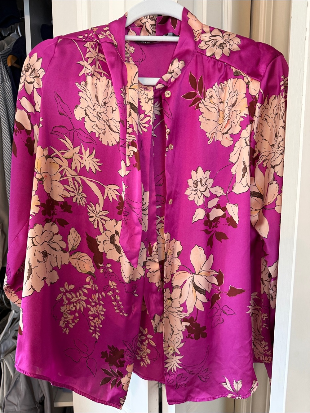 Zara Fuchsia Pink Floral Tie-Neck Blouse